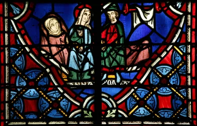 Fenster mit Darstellung der Heiligen Anna und Joachim, die auf die Geburt der Jungfrau Maria warten